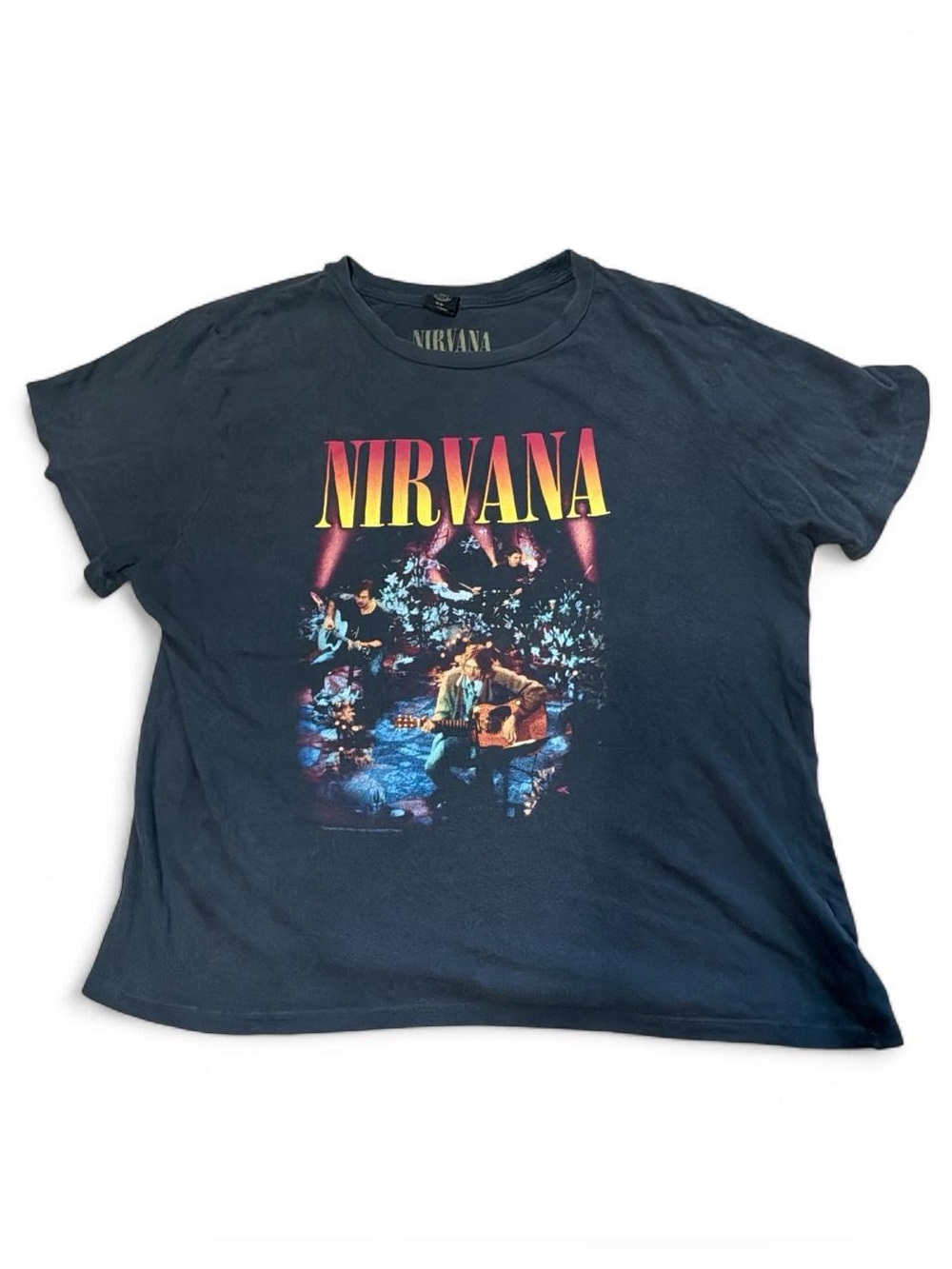 NIRVANA Black Tee with Yellow-to-Pink Logo and Multicolor Acoustic Stage Print